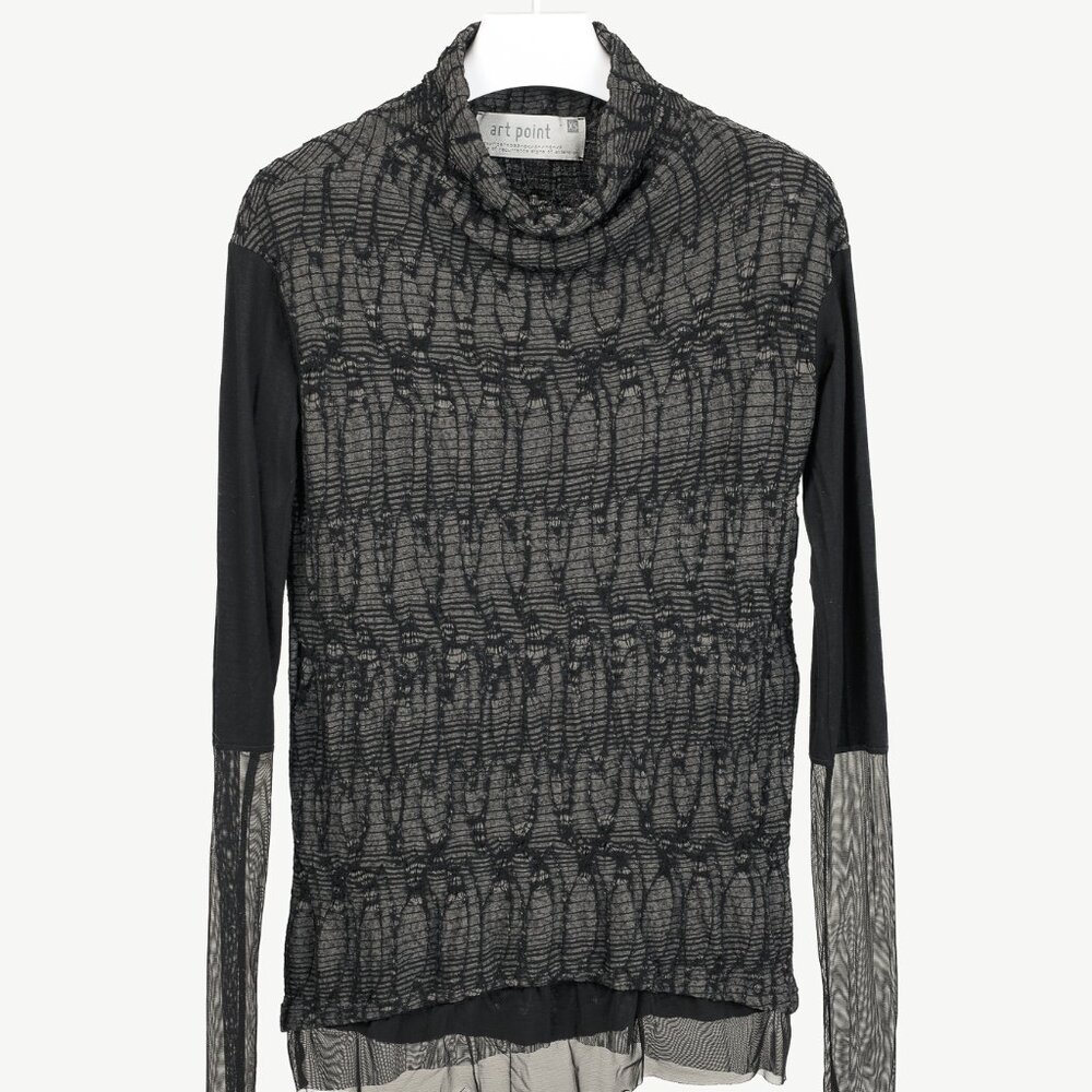 Art Point Black Grey Abstract Design Mesh Detail Long Sleeve Top